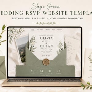May include: A laptop screen displaying a sage green wedding RSVP website template with a countdown timer, featuring an invitation card with Olivia and Ethan Montgomery, a wax seal, and botanical illustrations, alongside a matching envelope and card.