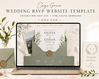 May include: A laptop screen displaying a sage green wedding RSVP website template with a countdown timer, featuring an invitation card with Olivia and Ethan Montgomery, a wax seal, and botanical illustrations, alongside a matching envelope and card.