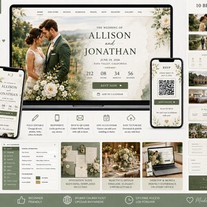 May include: A sage green wedding website template featuring a desktop monitor and smartphone displaying a couple's wedding site with text reading The Wedding of Allison and Jonathan, June 14, 2026, Napa Valley, California, and RSVP options.