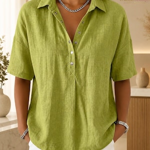 Polo de algodón y lino para mujer, blusa de manga corta con botones a presión, top estilo resort costero.