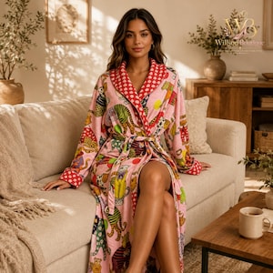 Plush Cotton Leopard Print Robe, Warm Coral Velvet Loungewear, Long Bathrobe
