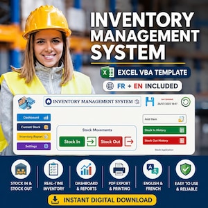 Op de afbeelding: Een Excel VBA-sjabloon voor een voorraadbeheersysteem met een digitaal dashboard-interface met knoppen voor voorraadbewegingen, rapporten en instellingen. De afbeelding bevat tekstlabels voor ondersteuning in het Engels en Frans en iconen voor rapporten.