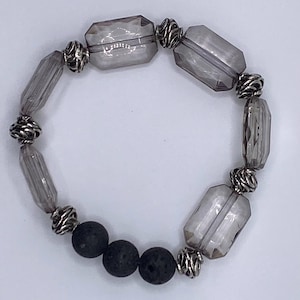Smoky Grey Bead Diffuser Bracelet, Faceted Rectangle Jewelry, Essential Oil Lava Beads, Statement Glass Bracelet