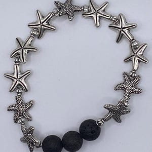 Silver Tone Starfish Diffuser Bracelet, Beach Essential Oil Jewelry, Nautical Stretch Bracelet, Coastal Lava Stone