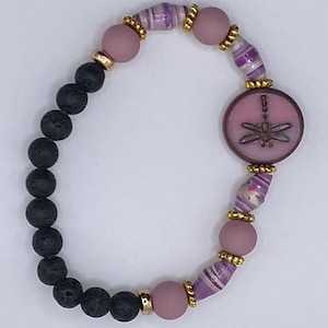 Purple and Pink Dragonfly Diffuser Bracelet, Paper Bead Jewelry, Boho Essential Oil , Handmade Focal Bead Bracelet