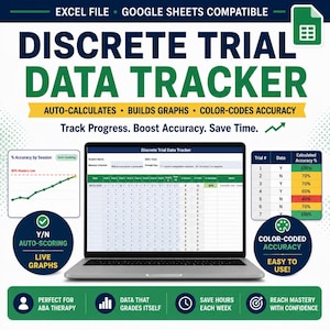 May include: A digital Discrete Trial Data Tracker displayed on a laptop screen, featuring Excel and Google Sheets compatibility. The interface includes columns for trial data, calculated accuracy percentages, and a line graph showing progress.