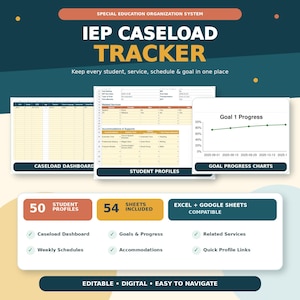 Sistema de seguimiento de casos de IEP para profesores de educación especial / Hoja de cálculo editable en Excel y Google Sheets con progreso codificado por colores para 50 estudiantes.