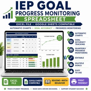 May include: An IEP Goal Progress Monitoring Spreadsheet displayed on a laptop screen, featuring data tables, line graphs, and bar charts. The interface includes sections for goal summaries, accuracy tracking, and progress monitoring, with text labels for Excel and Google Sheets compatibility.