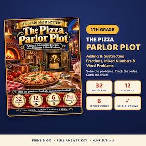 Può includere: Una risorsa educativa 4th Grade Math Mystery intitolata The Pizza Parlor Plot, che mostra una pizza, una lente d'ingrandimento e una cassaforte con un punto interrogativo. Include 32 problemi, 12 sospettati, 6 codici segreti e le soluzioni.
