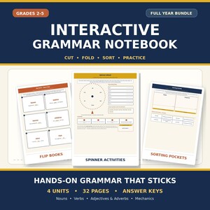 May include: An interactive grammar notebook for grades 2-5, featuring a full year bundle with flip books, spinner activities, and sorting pockets. The educational resource includes 4 units, 32 pages, and answer keys for teaching nouns, verbs, adjectives, adverbs, and mechanics.