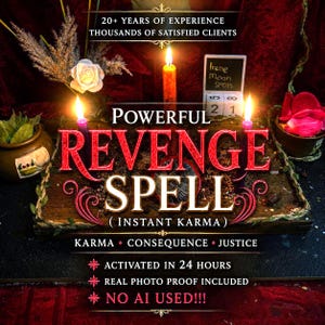Könnte beinhalten: Ein Holztablett enthält zwei violette Kerzen, eine mittlere orangefarbene Kerze und eine kleine Tafel mit der Aufschrift Irene Moon Spells. Text: 20+ YEARS OF EXPERIENCE, POWERFUL REVENGE SPELL (INSTANT KARMA), KARMA, CONSEQUENCE, JUSTICE, ACTIVATED IN 24 HOURS.