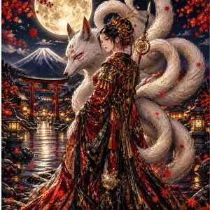 Stampa artistica fantasy giapponese raffigurante una Kitsune a nove code al chiaro di luna.