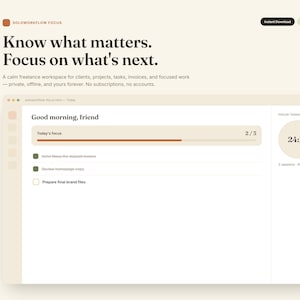 Peut inclure: Une interface numérique pour une application de productivité intitulée Soloworkflow Focus. L'écran affiche le texte Know what matters. Focus on what's next, une liste de tâches avec des cases à cocher, une barre de progression et un minuteur circulaire.