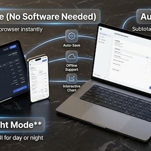 May include: A laptop, tablet, and smartphone displaying an invoice generator interface. Text overlays include 100% Private, Auto Calculate, Dark & Light Mode, Auto-Save, Offline Support, Interactive Chart, and Instant ZIP Download.