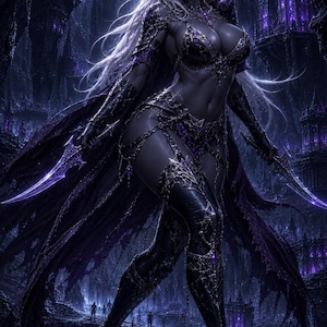 May include: A dark-skinned elf warrior with long white hair, wearing intricate black and purple armor with metallic filigree. The figure holds two glowing purple daggers, standing in a dark, cavernous landscape with purple-lit stone structures.