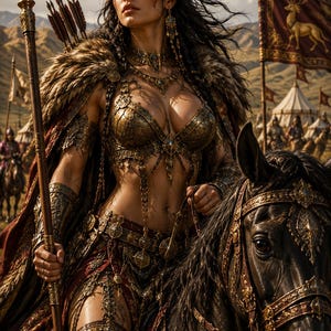 Puede incluir: Una figura guerrera de cabello oscuro largo que viste una armadura de metal dorado ornamentada, una capa con borde de piel y joyas, sostiene una lanza alta mientras monta un caballo negro. El atuendo incluye un corpiño metálico y brazaletes.