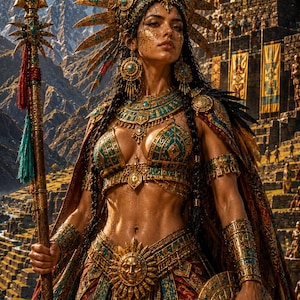 May include: A warrior figure adorned in an elaborate gold and turquoise headdress, matching collar, and arm cuffs. The attire includes a detailed gold sun-motif belt, a patterned bodice, and a long, layered skirt. A tall spear and a circular shield are held.