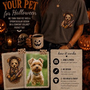 May include: A charcoal gray short-sleeve pocket t-shirt featuring a graphic of a dog holding a chainsaw. The image includes text: CUSTOMIZE YOUR PET for Halloween, WE TURN YOUR PET INTO A SPOOKTACULAR DESIGN ON A COMFORT COLORS POCKET TEE, how it works, 1. SEND A PHOTO, 2. WE DESIGN, 3. YOU WEAR & ENJOY, A UNIQUE KEEPSAKE YOU'LL LOVE FOREVER.