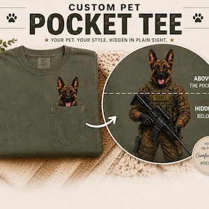 May include: An olive green t-shirt with a chest pocket featuring a German Shepherd head graphic. A circular inset shows the full graphic of a German Shepherd in tactical gear holding a rifle with the name DIESEL on a patch, printed on a Comfort Colors tee.