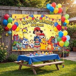 Fondo personalizado de cumpleaños de Pika Pika, decoración de fondo con temática de criaturas de anime PKM para cumpleaños, decoración para fiestas de PKM y amigos