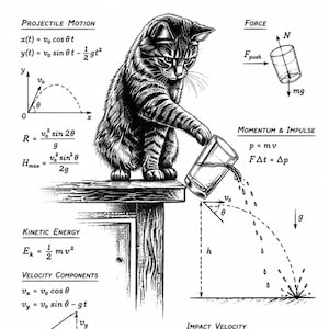 Puede incluir: Una ilustración en blanco y negro titulada WHAT CATS REALLY THINK, que muestra a un gato empujando un vaso de agua desde una mesa. La imagen incluye ecuaciones físicas de movimiento de proyectiles, fuerza, impulso y energía cinética.
