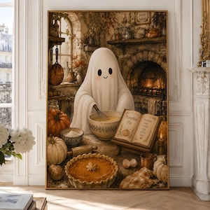 May include: A framed wall art print depicting a white ghost in a kitchen, mixing ingredients in a bowl. An open cookbook titled Pumpkin Pie sits on a stand next to a baked pumpkin pie, various pumpkins, and a fireplace in the background.