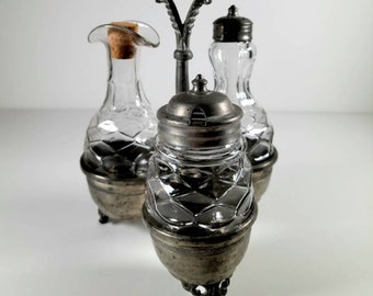 Antique Pewter Glass Cruet Set