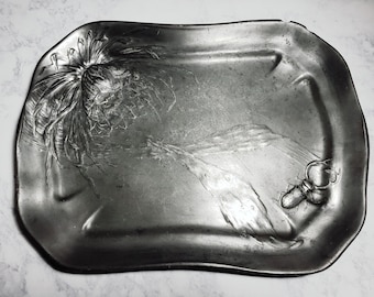 RARE Kayserzinn German Pewter Platter - Embossed flower and beetle