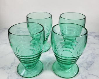 Four (4) Vintage Paden City Penny Line TEAL Footed Goblet Glasses