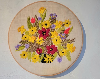 Vintage Crewel Embroidery Floral Bouquet