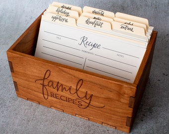Wood Engraved Family Recipes Box with Dividers - Fits 4" x 6" Recipe Cards for Home Cooks & Bakers