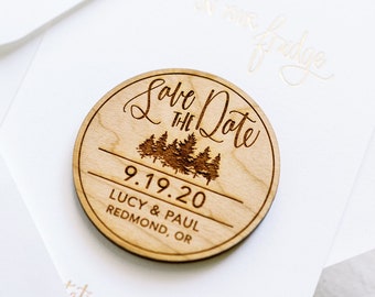 Personalized Pine Trees Wood Save the Date Magnets - Unique Engraved Wedding Save the Date Invitation