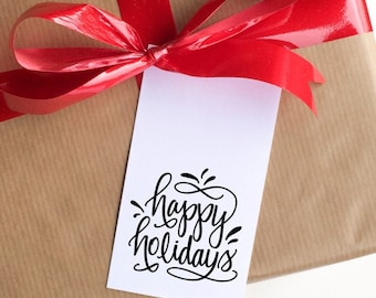 Happy Holidays Calligraphy Rubber Stamp - Gift Tag & Present Wrapping Stamp