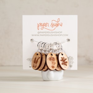 Potted Plant Stitch Markers - Wood Engraved Knitting Tools