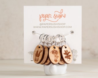 Potted Plant Stitch Markers - Wood Engraved Knitting Tools