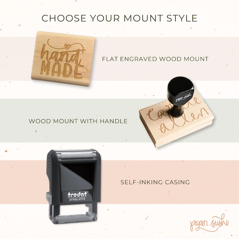May include: Three different mounting options for a rubber stamp. The first option is a flat engraved wood mount with the text "hand made". The second option is a wood mount with a handle and the text "Coffee Allen". The third option is a self-inking casing with the text "trodat printy 4910".