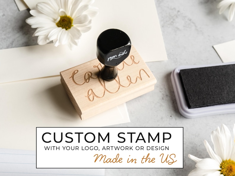May include: A wooden custom stamp with the text "Ca allen" engraved in white. The stamp is made in the USA and is ideal for adding a personal touch to your projects.