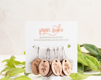 Floral Stitch Markers - Wood Engraved Knitting Tools