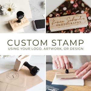May include: Four wooden stamps with different designs. The stamps are used to create custom impressions on paper. The designs include a handwritten name, a logo, and a simple design. The text on the stamps reads "Came Allen", "Karna Schroeder PHOTOGRAPHY", and "Justin Johnson".