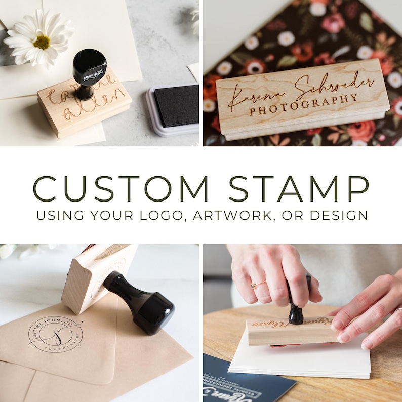 May include: Four wooden stamps with different designs. The stamps are used to create custom impressions on paper. The designs include a handwritten name, a logo, and a simple design. The text on the stamps reads "Came Allen", "Karna Schroeder PHOTOGRAPHY", and "Justin Johnson".