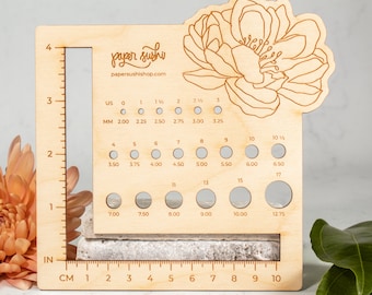 Peony Knitting Needle and Swatch Gauge - Wood Engraved Knitting Tools