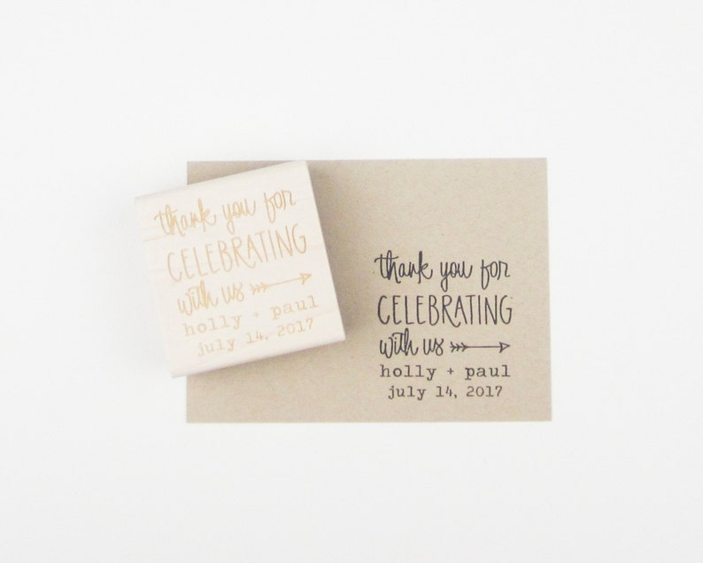 Custom Wedding Calligrapy Stamp Thank You For Celebrating With Us personalized wedding stamp for DIY wedding favors H4300 image 1