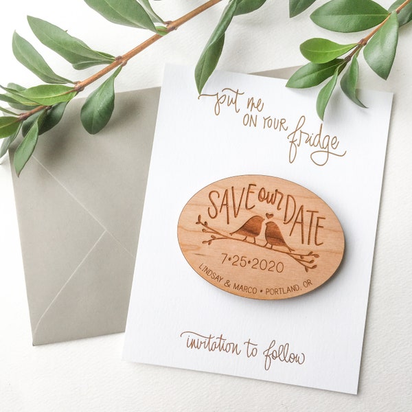 Lovebird Wood Save the Date Magnets