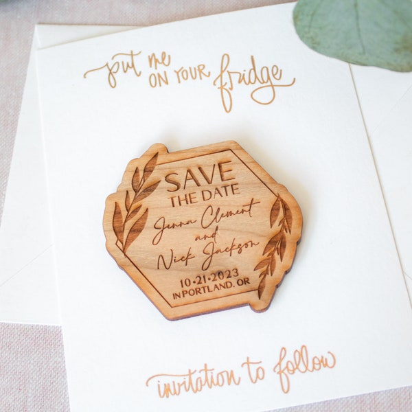 Wreath Hexagon Wood Save the Date Magnets