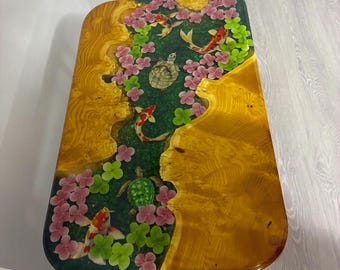 Mulberry Wood Epoxy River Table, Koi Pond Live Edge Side Table with Sea Turtles, Handmade Resin End Table, Unique Nature Gift