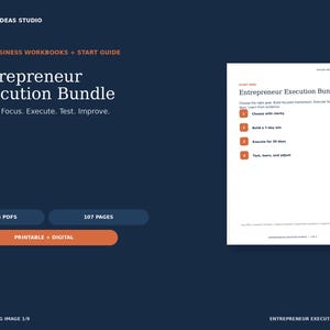 Może przedstawiać: Pakiet Entrepreneur Execution Bundle zawiera cztery zeszyty ćwiczeń biznesowych i przewodnik startowy, łącznie 5 plików PDF i 107 stron. Ciemnoniebieska grafika zawiera biały tekst, pomarańczowe akcenty oraz podgląd dokumentu.