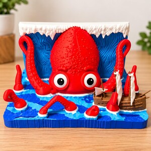 May include: A three-dimensional display featuring a bright red octopus with large white and black eyes emerging from a textured blue ocean with white-capped waves. A small brown wooden ship with white sails is positioned in the water.