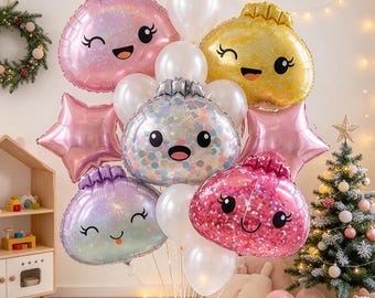 Könnte beinhalten: Ein Ballonstrauß mit irisierenden, lächelnden, knödelartigen Ballons in Pink, Gelb und Lila, ergänzt durch zwei sternförmige rosa Ballons und mehrere schlichte weiße Rundballons, die alle mit dünnen weißen Bändern zusammengebunden sind.