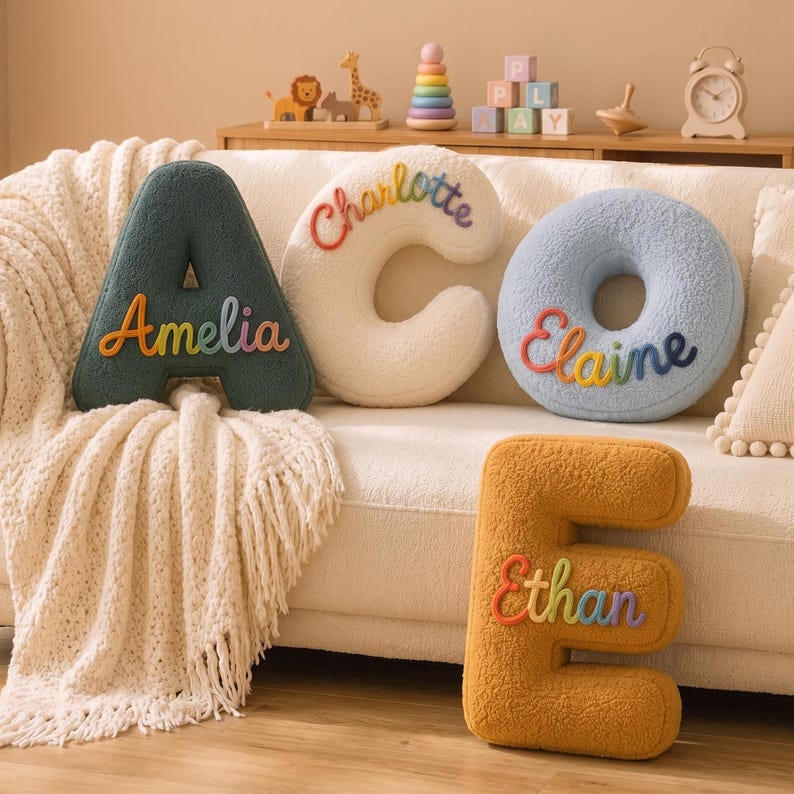 K&ouml;nnte beinhalten: Vier pl&uuml;schige, texturierte buchstabenf&ouml;rmige Kissen in Dunkelgr&uuml;n, Wei&szlig;, Hellblau und Senfgelb. Die Kissen tragen gestickte Namen in einem Regenbogenverlauf: Amelia auf dem A, Charlotte auf dem C, Elaine auf dem O und Ethan auf dem E.