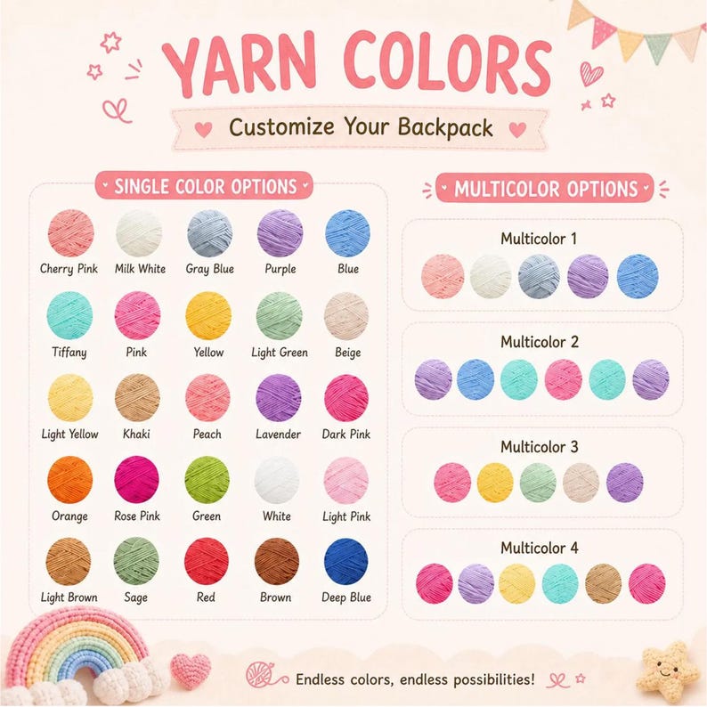 K&ouml;nnte beinhalten: Eine Garnfarbkarte zur Rucksackanpassung mit Reihen kreisf&ouml;rmiger Garnproben, die mit Namen wie Cherry Pink, Milk White und Blue beschriftet sind. Die Karte enth&auml;lt einfarbige Optionen sowie vier verschiedene mehrfarbige Kombinationen.